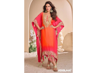 Buy Coral Organza Silk Printed Indowestern Kaftan Kurta with Dhoti Pant Online