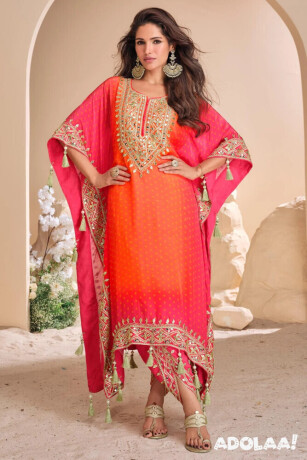 buy-coral-organza-silk-printed-indowestern-kaftan-kurta-with-dhoti-pant-online-big-0