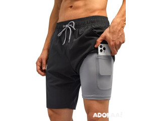 Swimming Shorts with Zipper Pockets and Compression Liner - Swim Trunks