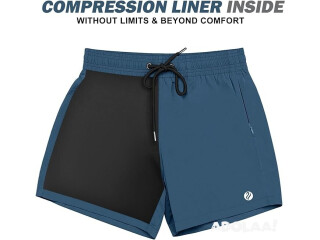 Beach Shorts-Trunks with Compression Liner and Zipper Pocket