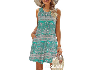 Women Beach Floral Tshirt Sundress Casual Pockets Boho Tank Dress