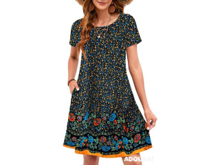 Women 2024 Beach Floral Sundress Short Sleeve Pockets Casual Tshirt Dress