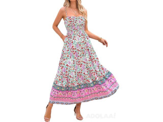 Women 2024 Beach Sleeveless Vintage Floral Boho Dress