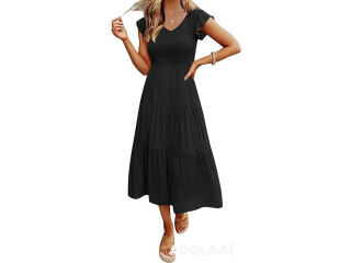 Women's Flutter Sleeve Smocked Midi Dress V Neck Casual Tiered Dresses