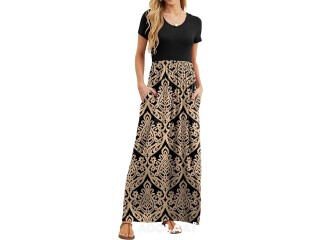 Women's Short Sleeve Maxi Dresses Casual Long Dresses with Pockets