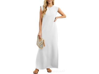 Women Summer Crew Neck Casual Loose Split Wrinkle-Free Long Maxi Beach Dress